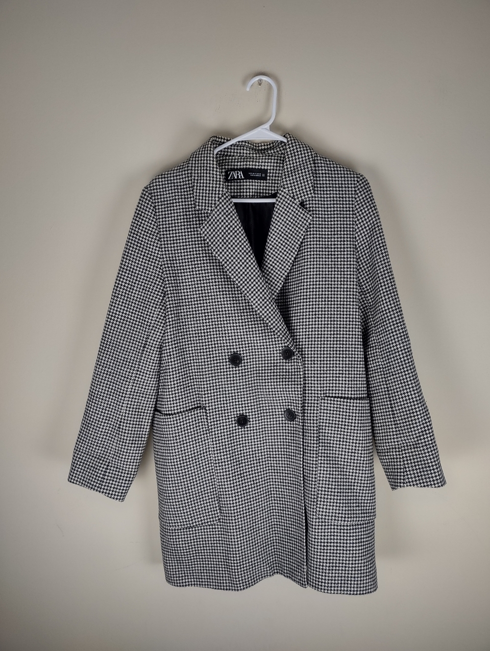 Zara Houndstooth Double Breasted Coat Jacket Size Small Black & White